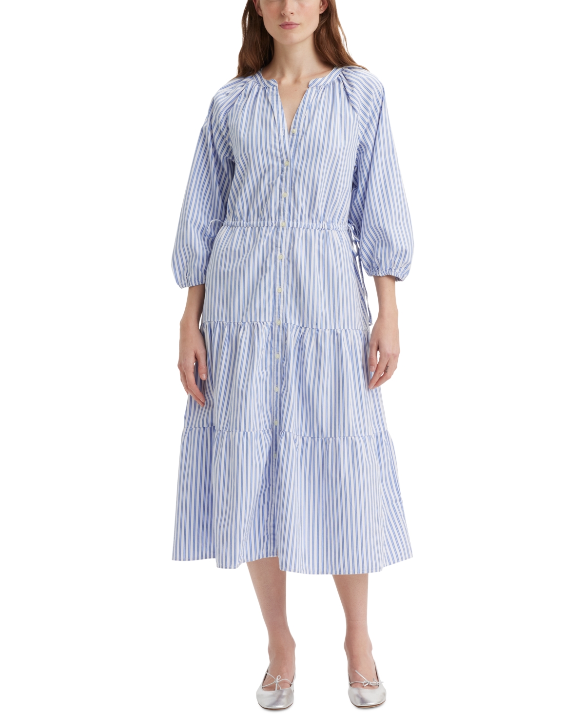 Levi's Women's Cecile Tiered 3/4-sleeve Midi Dress In Bearberry Stripe Blue Yonder