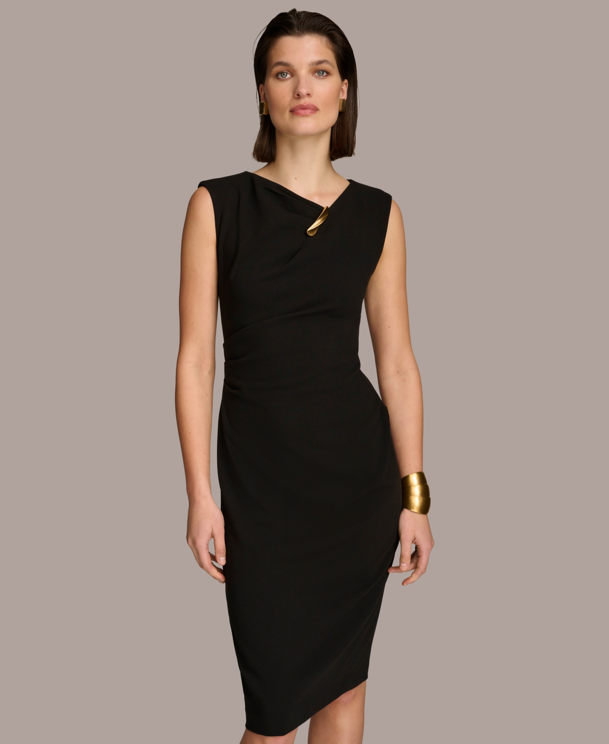 Shop Donna Karan Women's Asymmetric Hardware Sleeveless Sheath Dress In Black