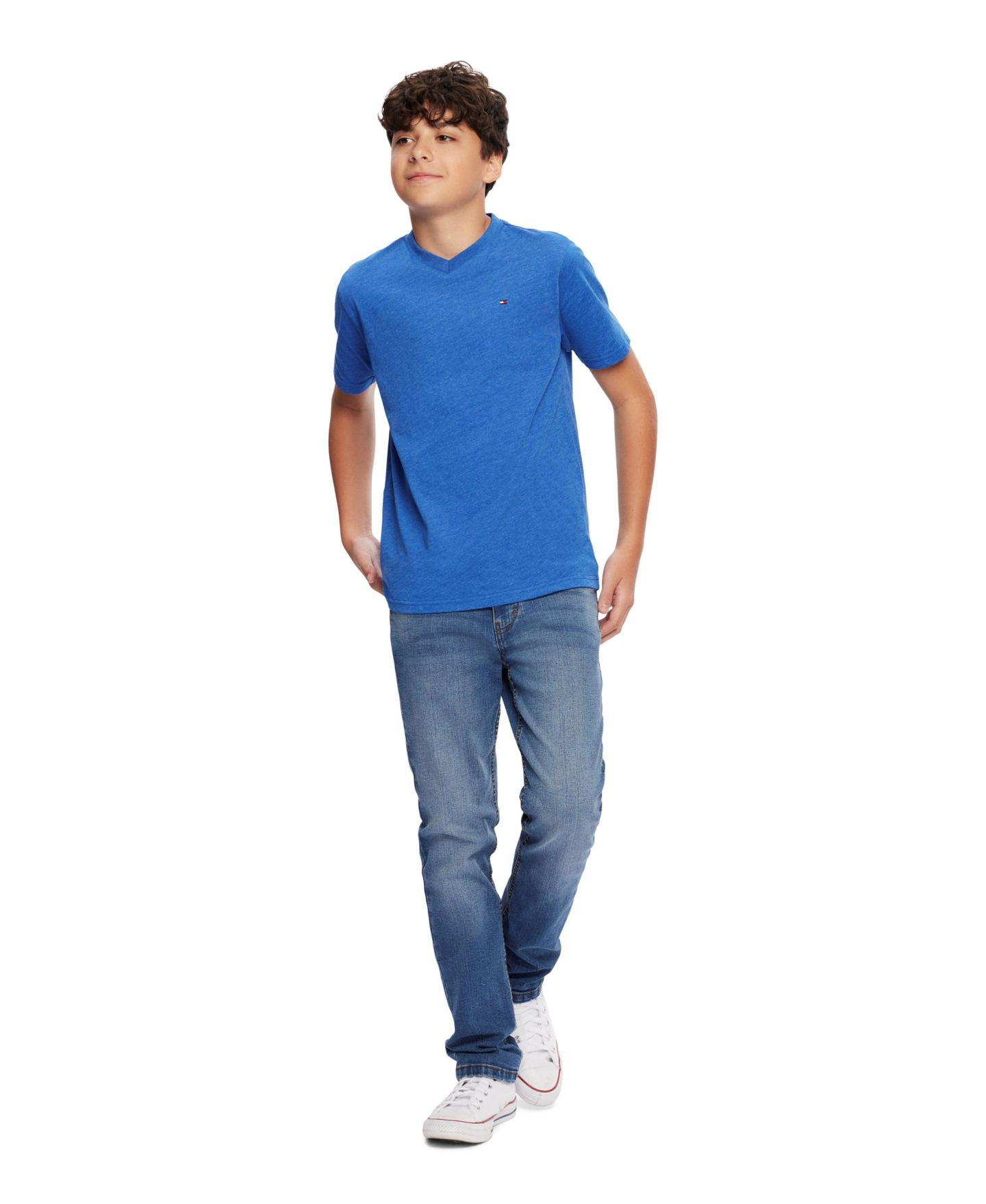 Футболка Tommy Hilfiger Solid Embroidered Logo V-Neck T-Shirt для мальчиков, цвет: Синий — фото 4