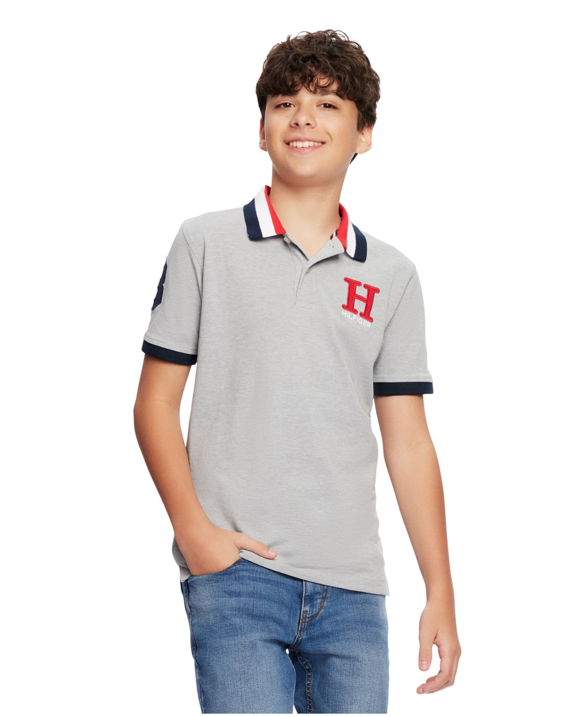 Tommy Hilfiger Big Boys Striped Collar Embroidered Matt Polo