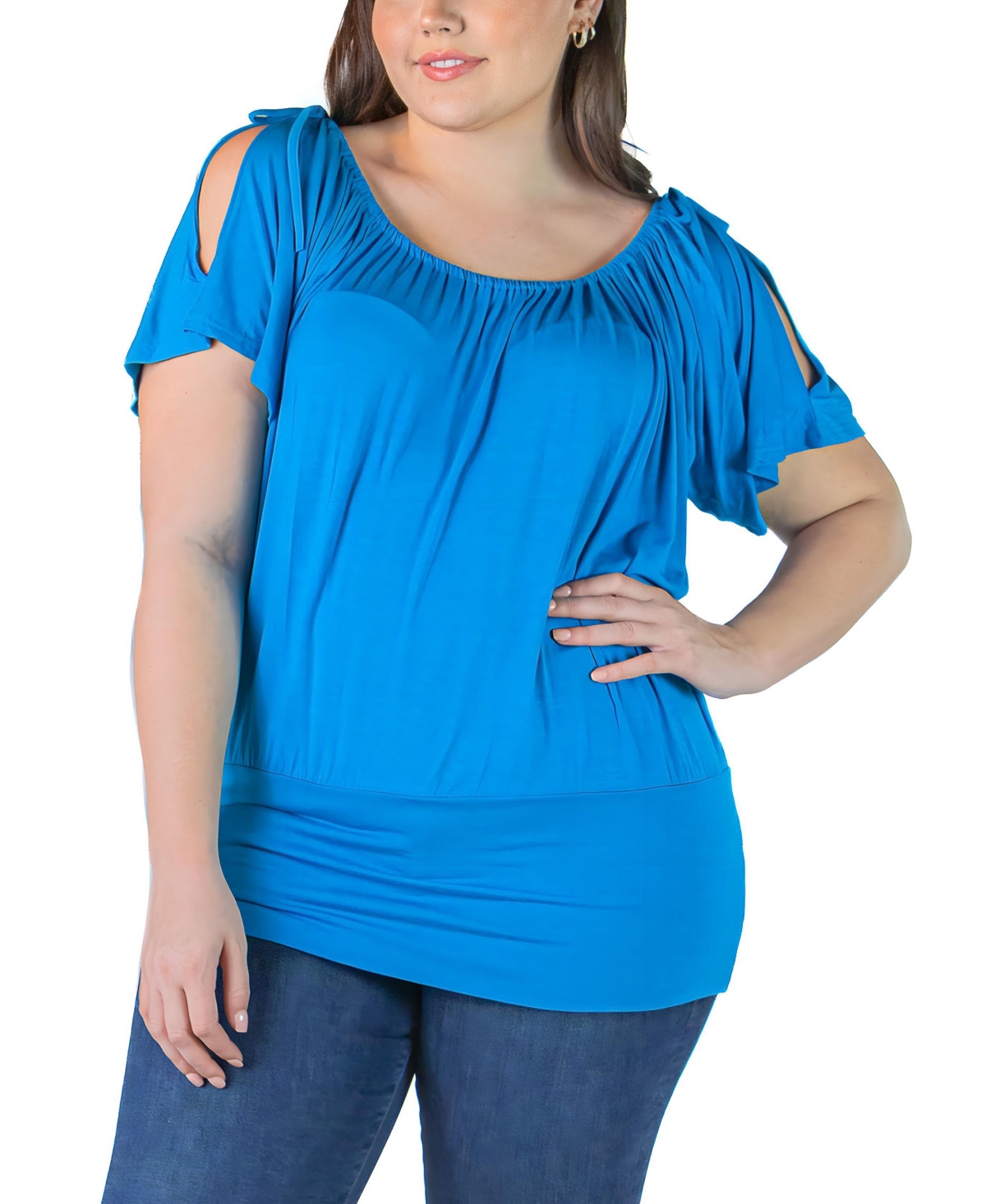 24seven Comfort Apparel Plus Size Short Sleeve Split Shoulder Top