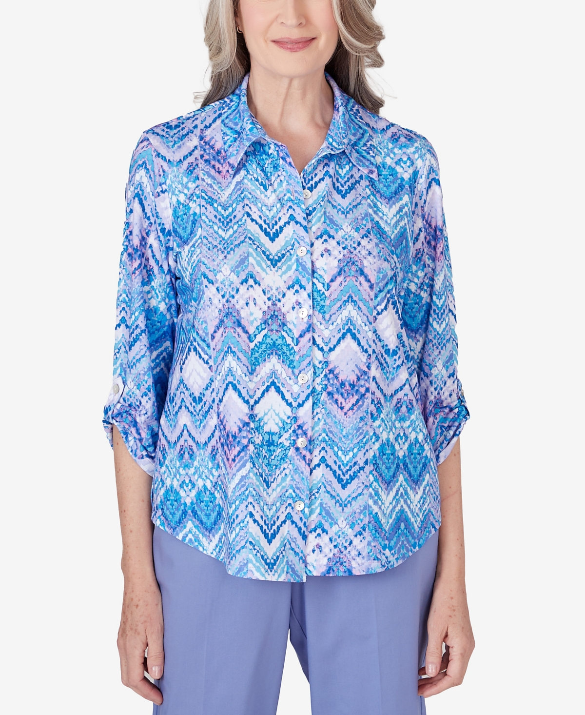 Alfred Dunner Petite Summer Breeze Zig Zag Printed Button Down Top In Multi
