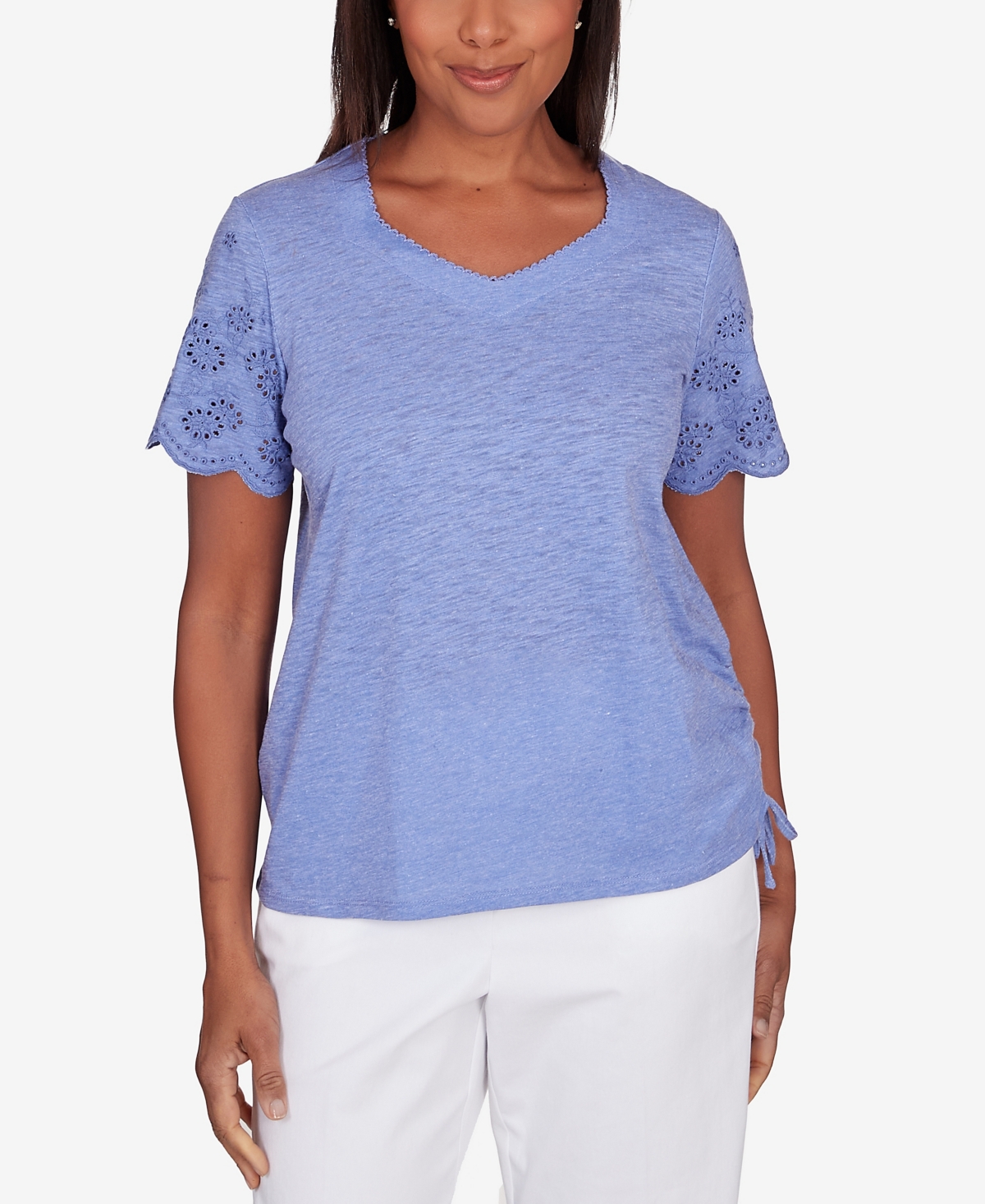 Alfred Dunner Petite Summer Breeze V Neck Eyelet Sleeve Top In Lilac
