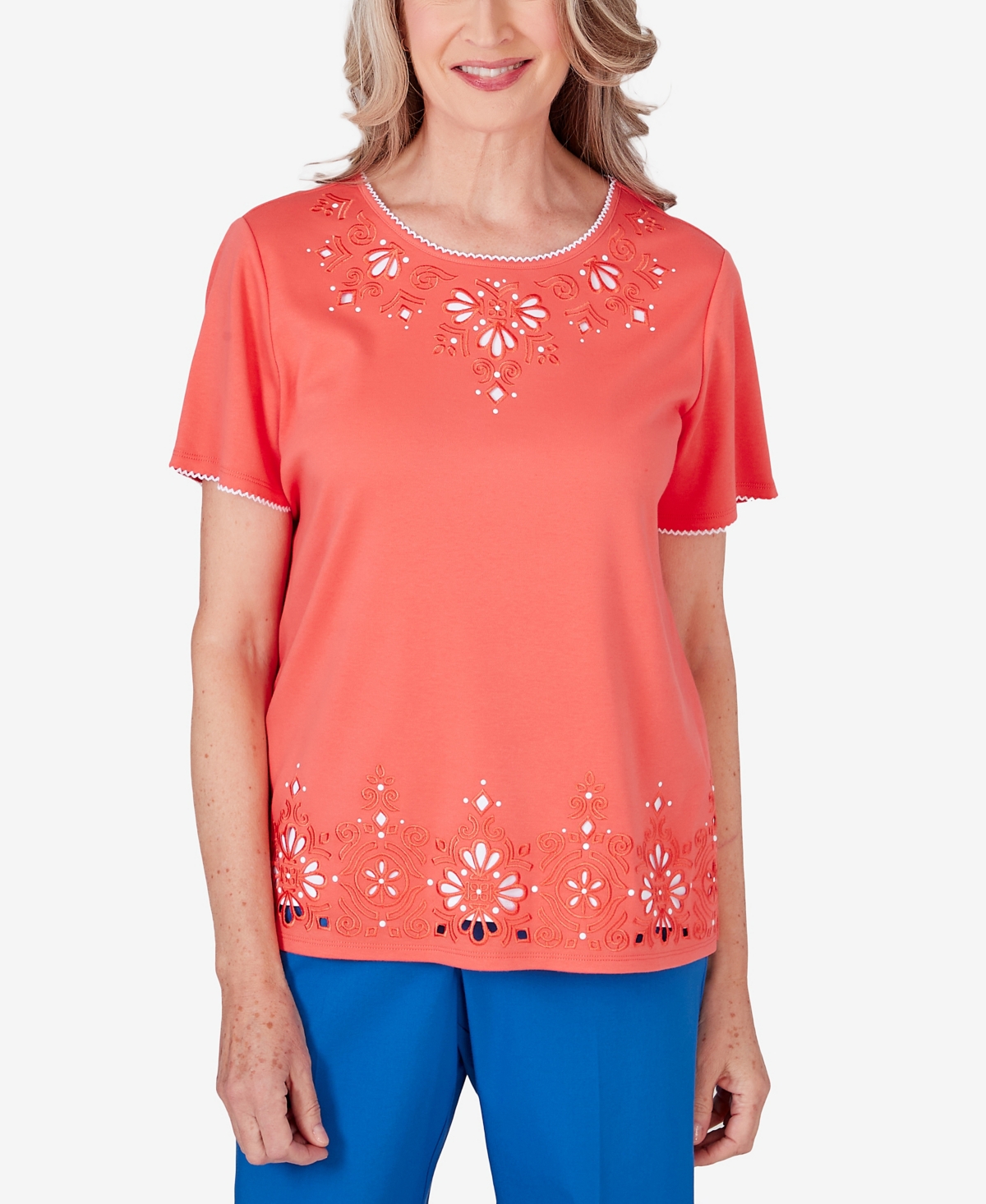 Alfred Dunner Petite Neptune Beach Medallion Cut Out Top In Coral