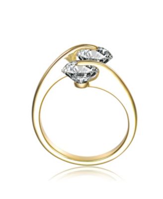 Modern Sterling Silver 14K Gold Plated with Double Clear Cubic Zirconia Bypass Ring