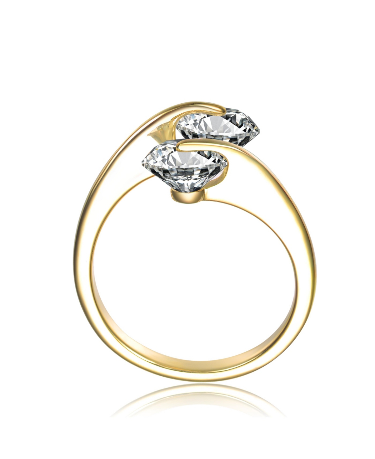 Modern Sterling Silver 14KPlated with Double Clear Cubic Zirconia Bypass Ring - Gold