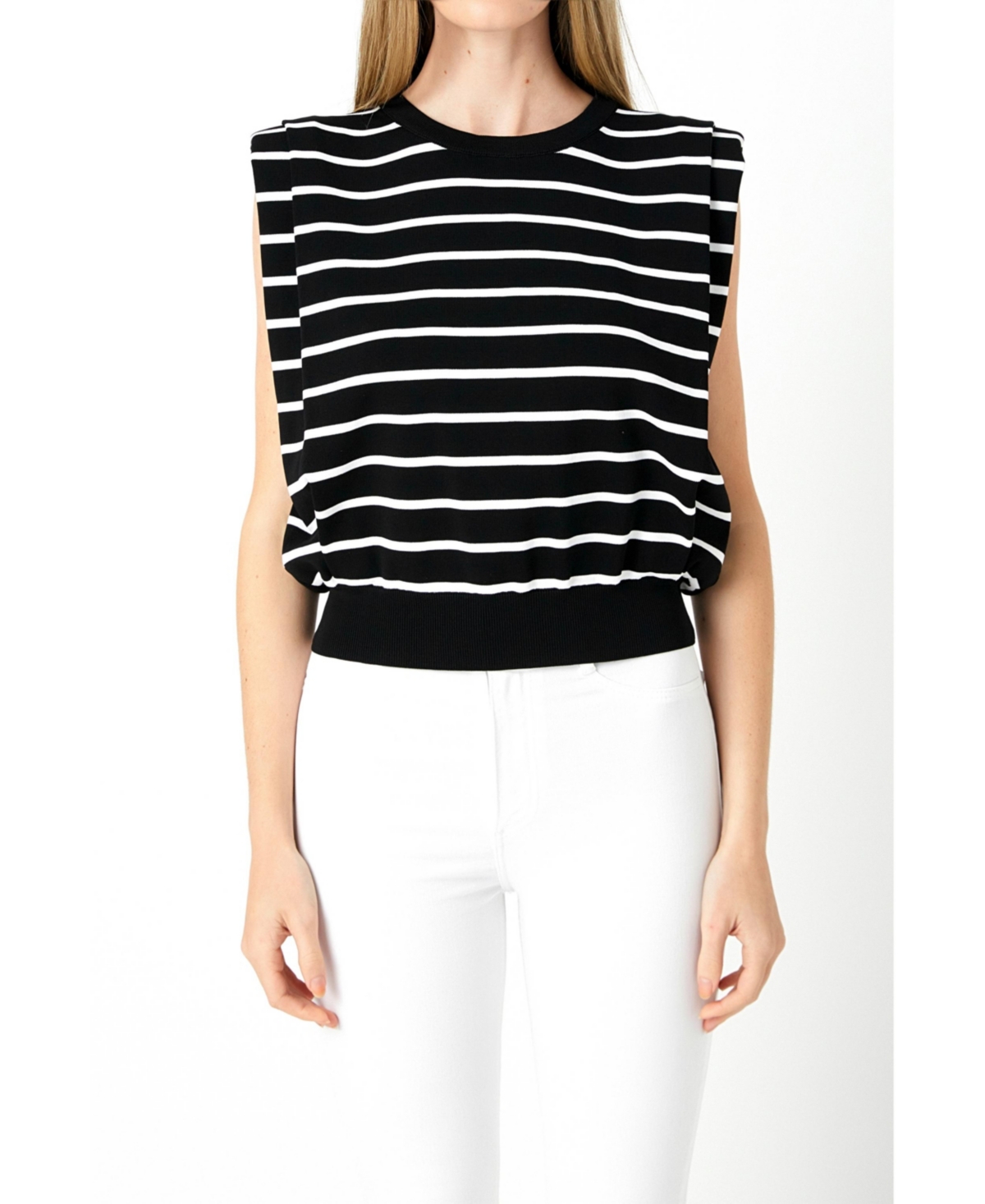 Women's Stripe Sleeveless Pleated Knit Top - Black/white