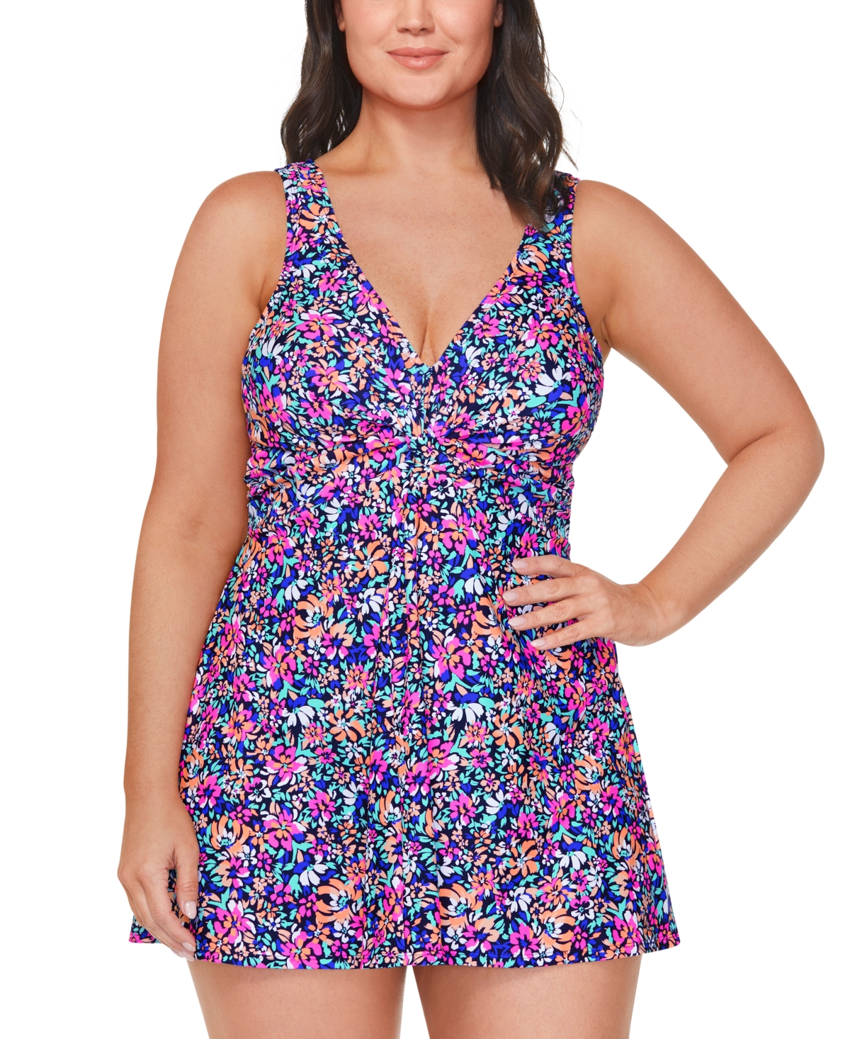 Plus Size Printed Twist-Front Swimdress, Created for Macy's - Navy