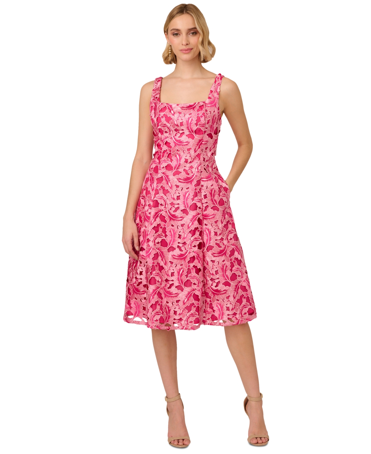 Shop Adrianna Papell Women's Embroidered Fit & Flare Dress In Electric Pink