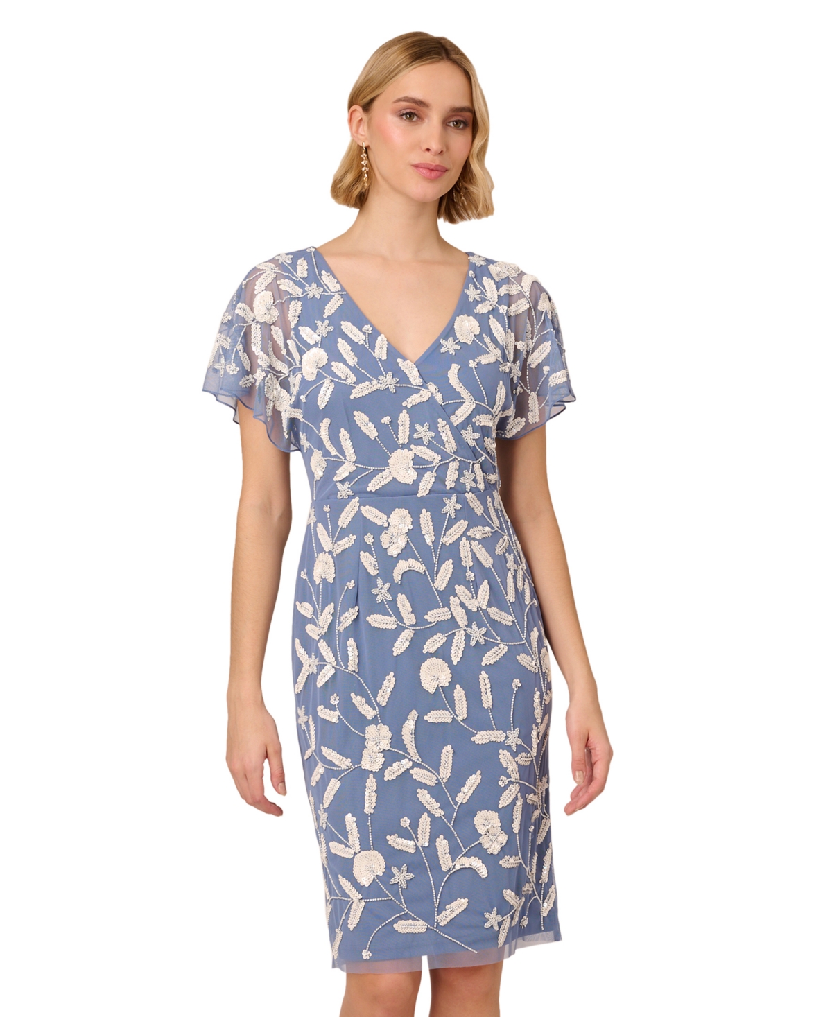 Shop Adrianna Papell Women's Beaded Dolman-sleeve Sheath Mesh Dress In Blue Ivory
