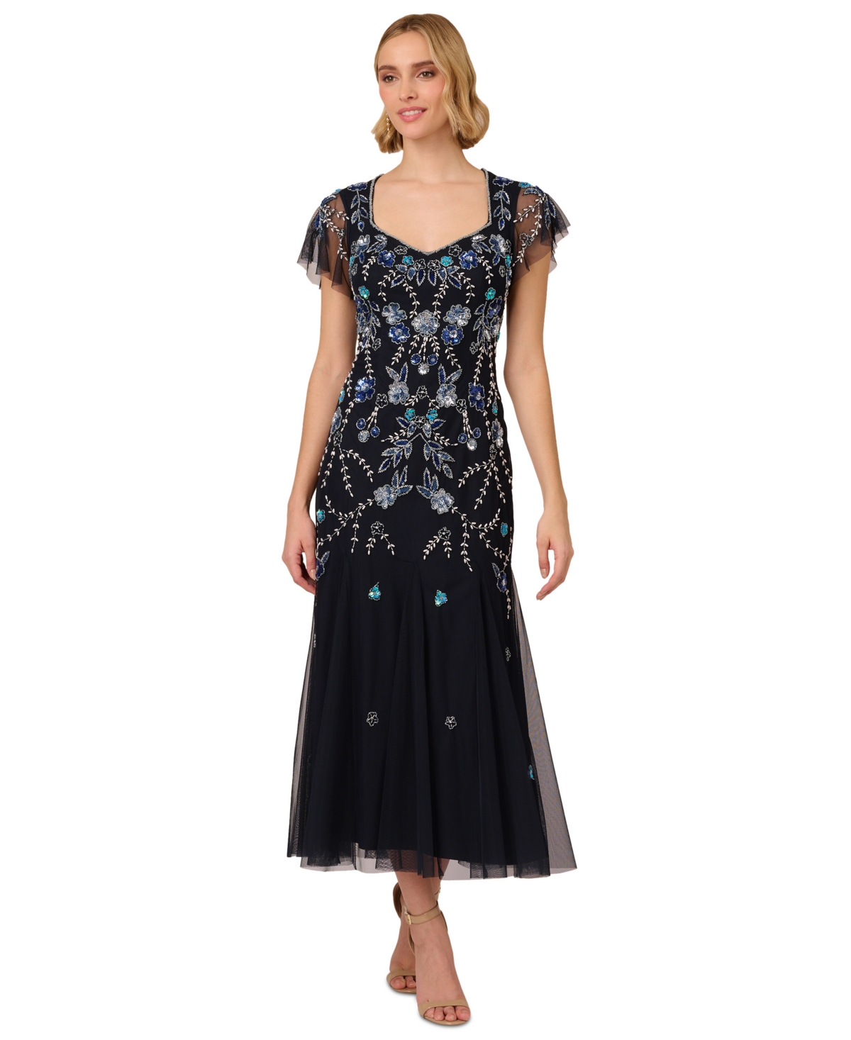 Women's Embellished Godet-Pleated Dress - Midnight Multi