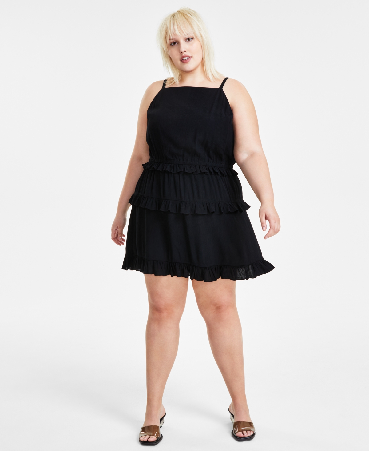 Shop Bar Iii Trendy Plus Size Halter Ruffled Mini Dress, Created For Macy's In Deep Black