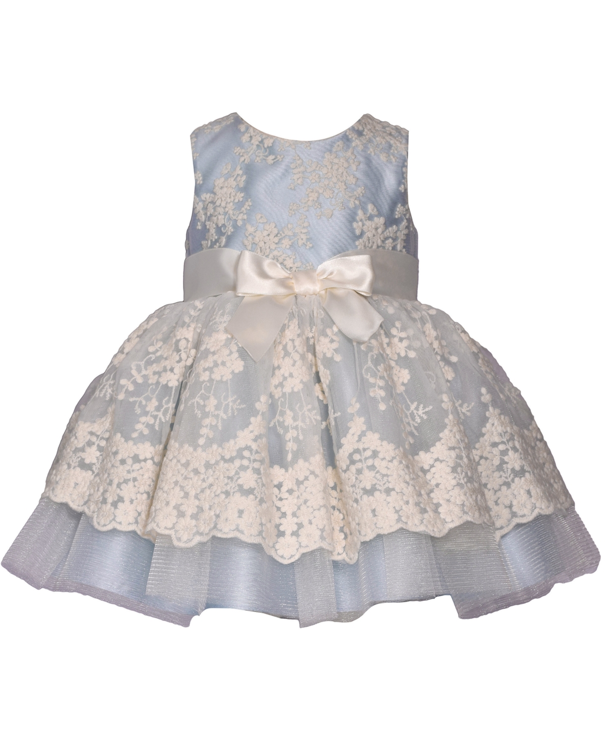 Shop Bonnie Baby Baby Girls Sleeveless Scalloped Embroidered Mesh Dress In Blu