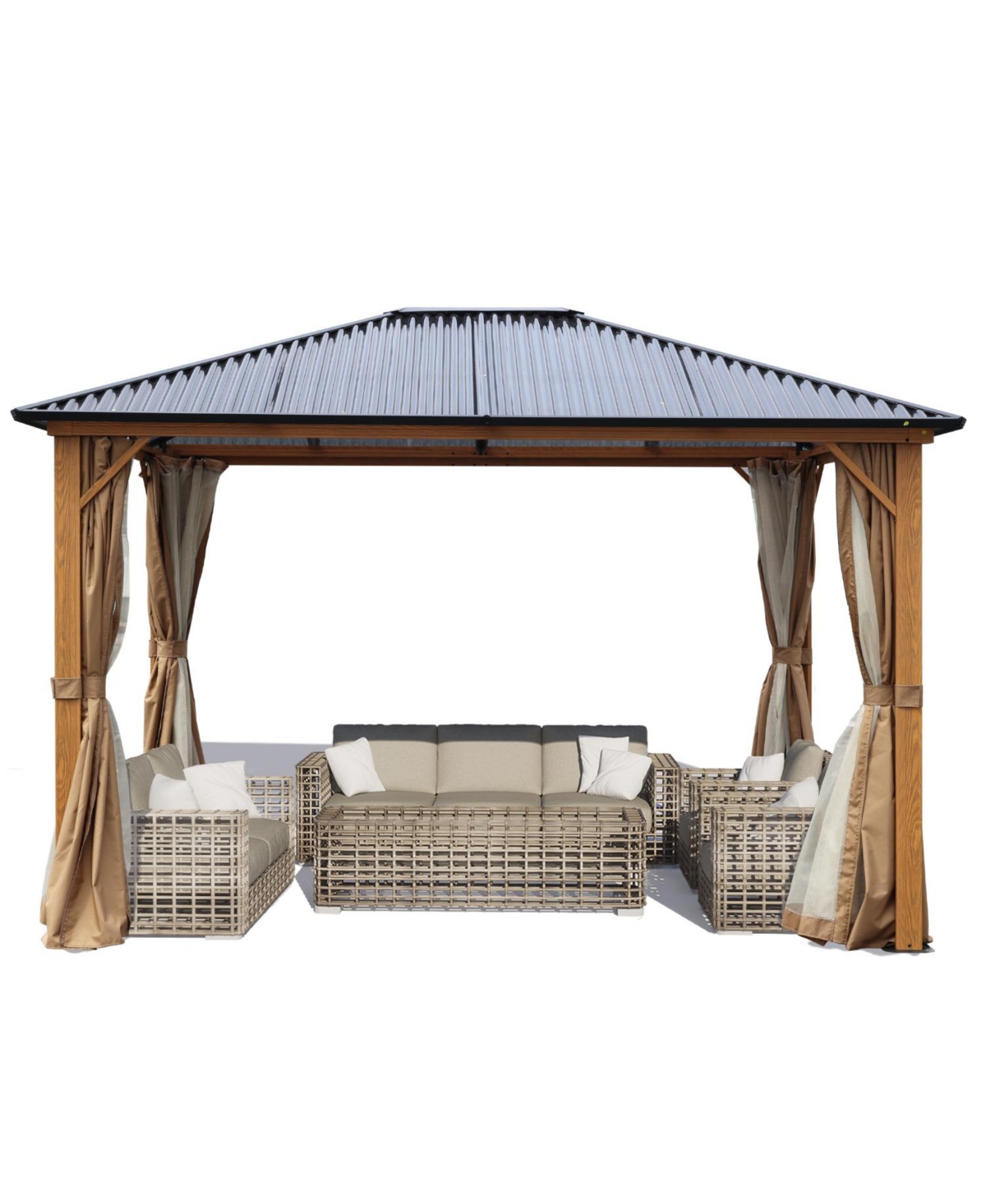 12ftx9.7ftx8.3ft. Wooden Finish Coated Aluminum Frame Gazebo with Polycarbonate Roof, Outdoor Gazebos with Curtains and Nettings, for Patio Bac