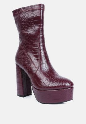 Womens Feral High Heeled Croc Pattern Ankle Boot