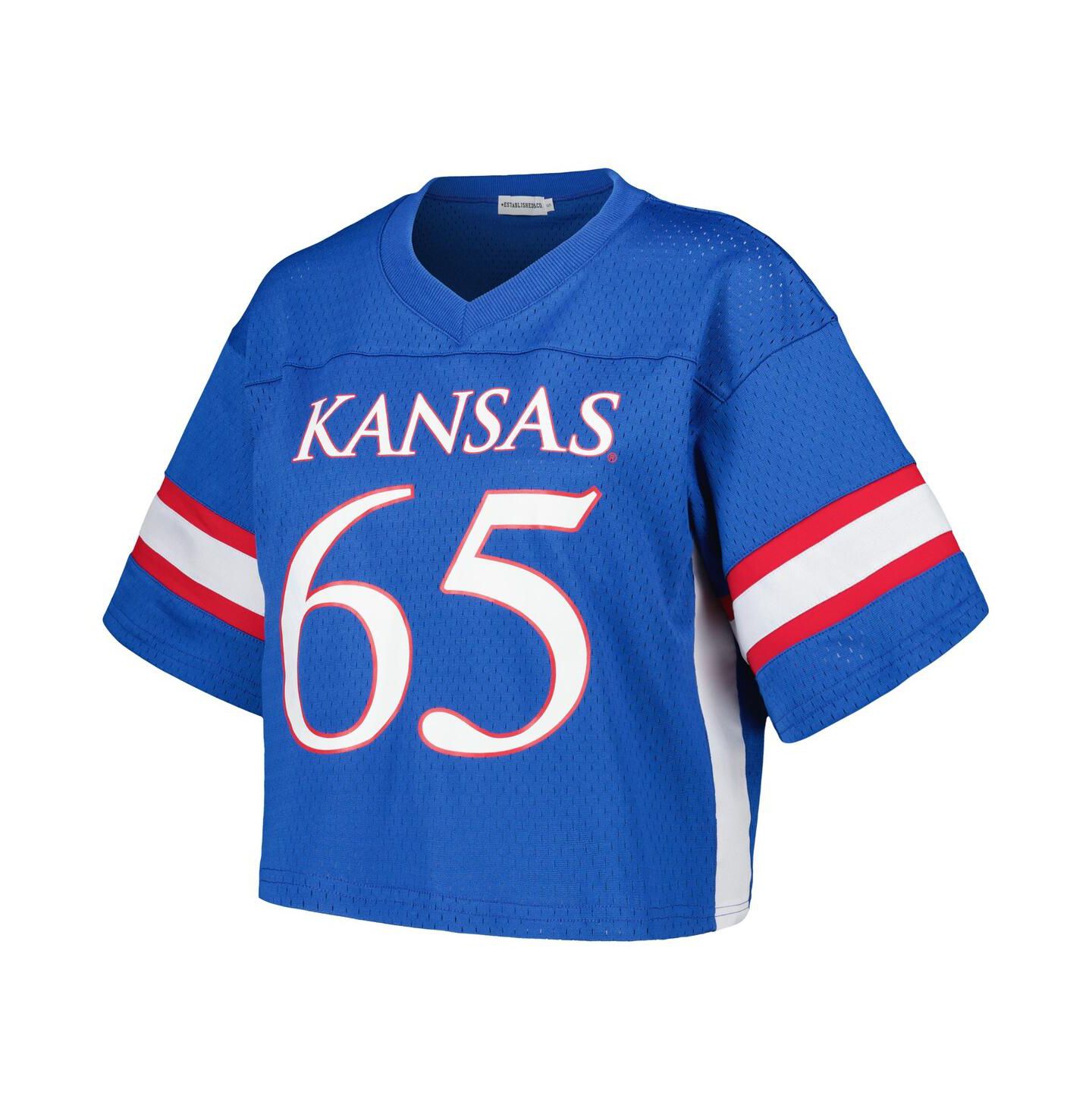 Женский топ Established & Co. #65 Royal Kansas Jayhawks Fashion Boxy Cropped Football Jersey — фото 3