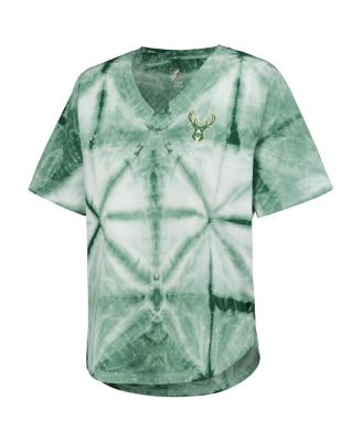 Women's Hunter Green Milwaukee Bucks Tournament Raglan Oversized Tie-Dye V-Neck T-shirt