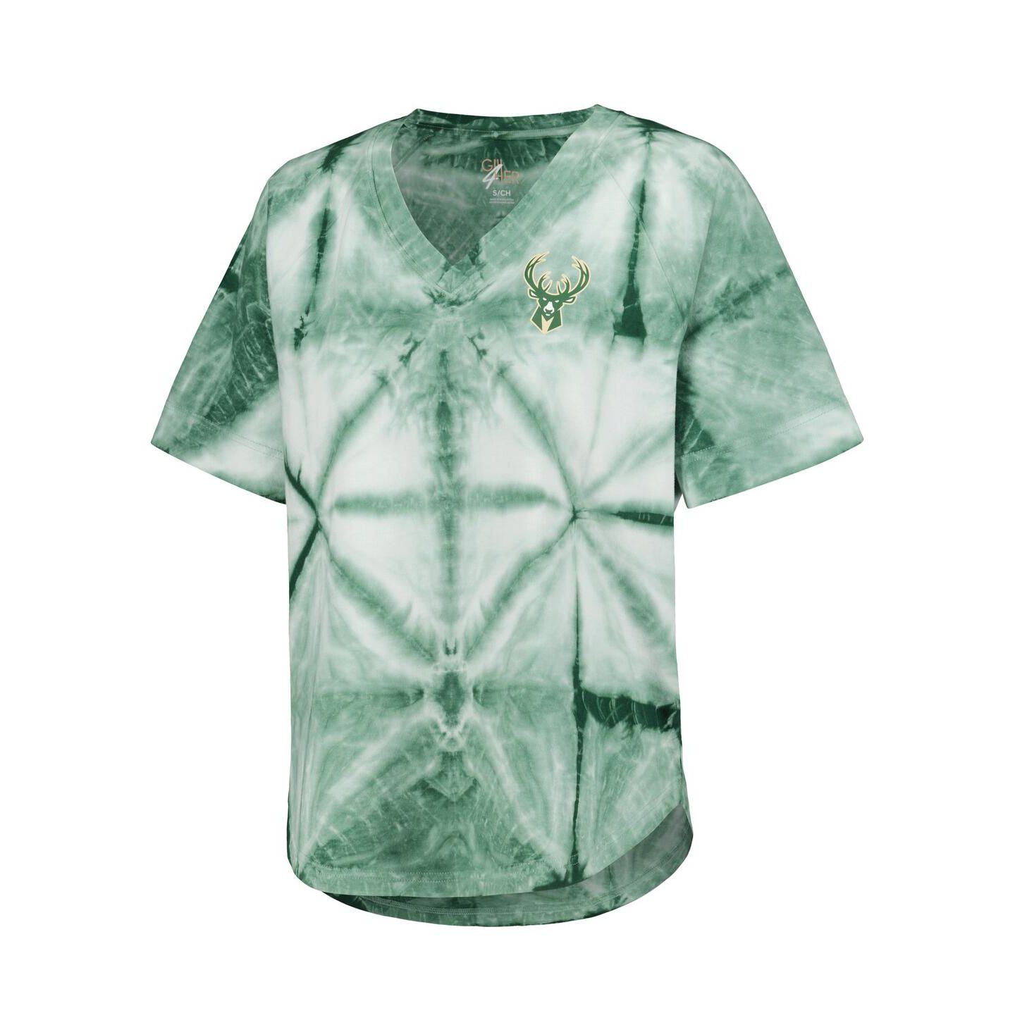 Женская футболка G-III 4Her by Carl Banks Hunter Green Milwaukee Bucks Tournament Raglan Oversized Tie-Dye V-Neck — фото 2