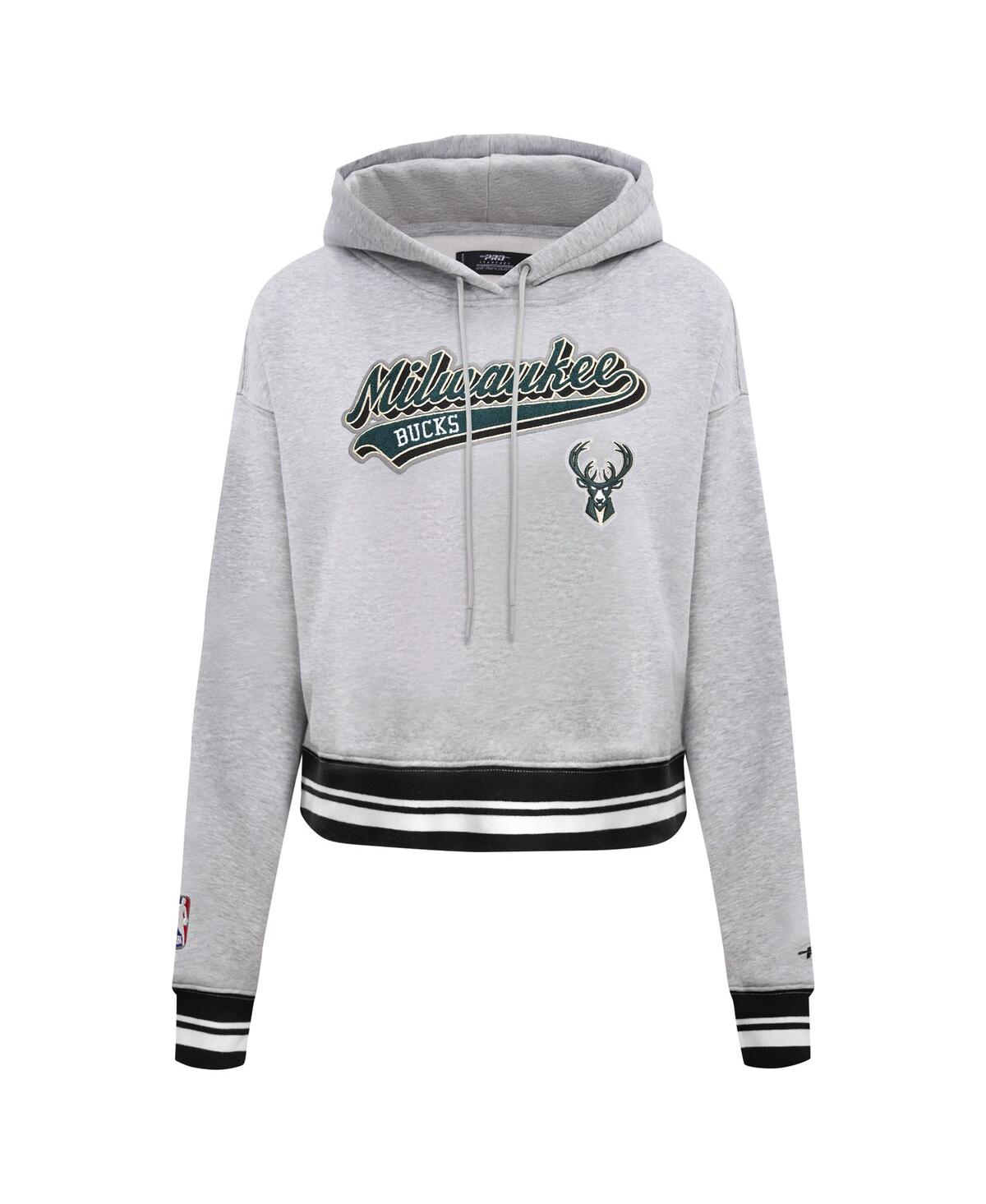 Shop Pro Standard Women's  Heather Gray Milwaukee Bucks Script Tail Cropped Pullover Hoodie