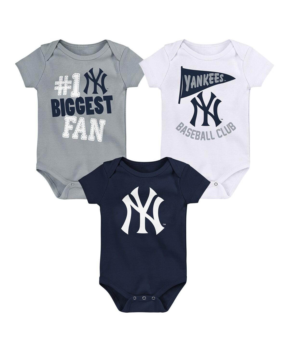 Outerstuff Baby Boys And Girls  New York Yankees Fan Pennant 3-pack Bodysuit Set In Navy,gray,white