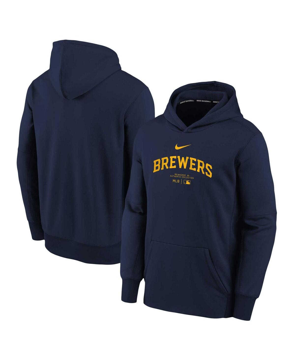 NIKE BIG BOYS NIKE NAVY MILWAUKEE BREWERS AUTHENTIC COLLECTION PERFORMANCE PULLOVER HOODIE