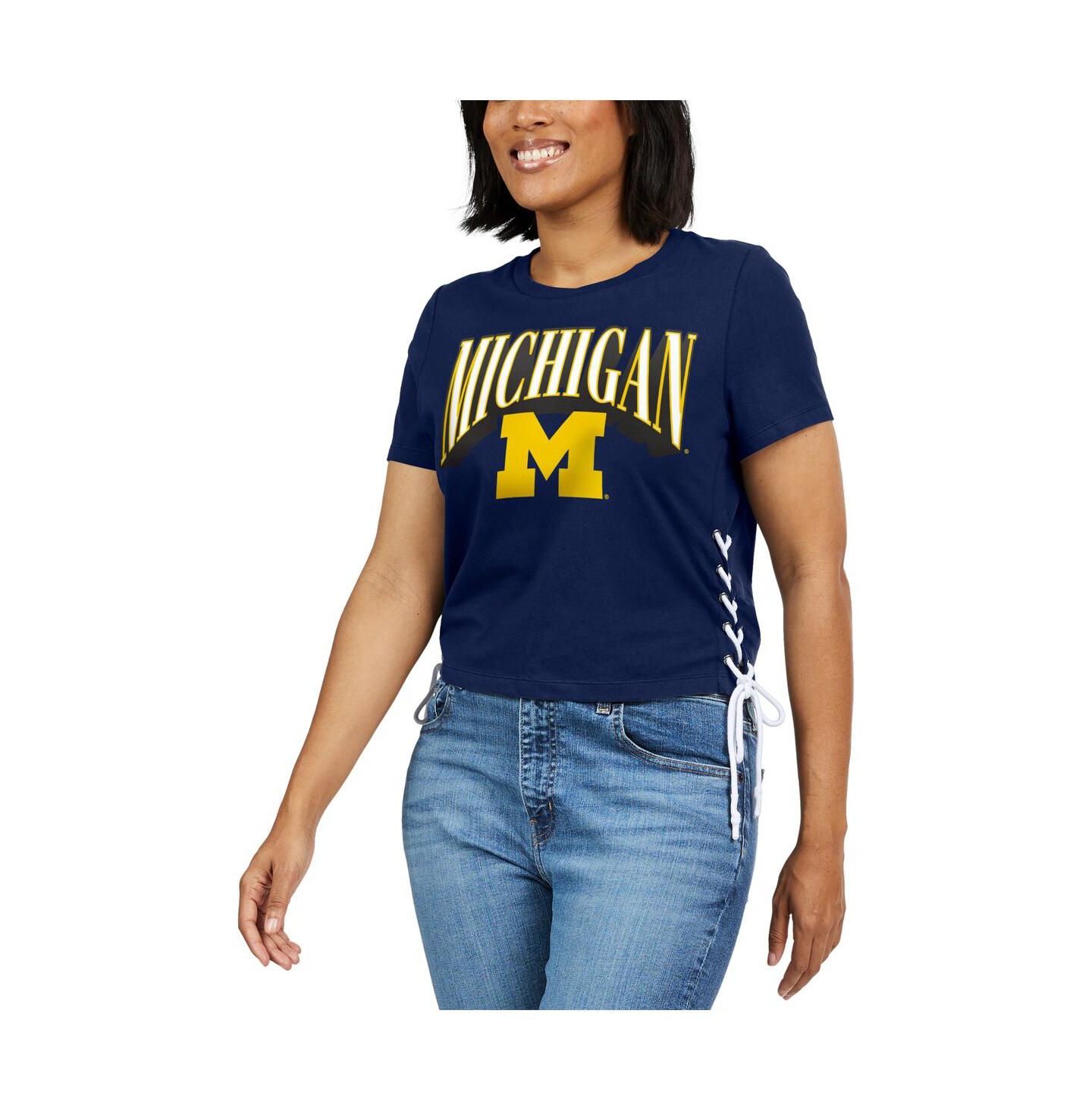Женская футболка WEAR by Erin Andrews Navy Michigan Wolverines Side Lace-Up Modest Crop — фото 4