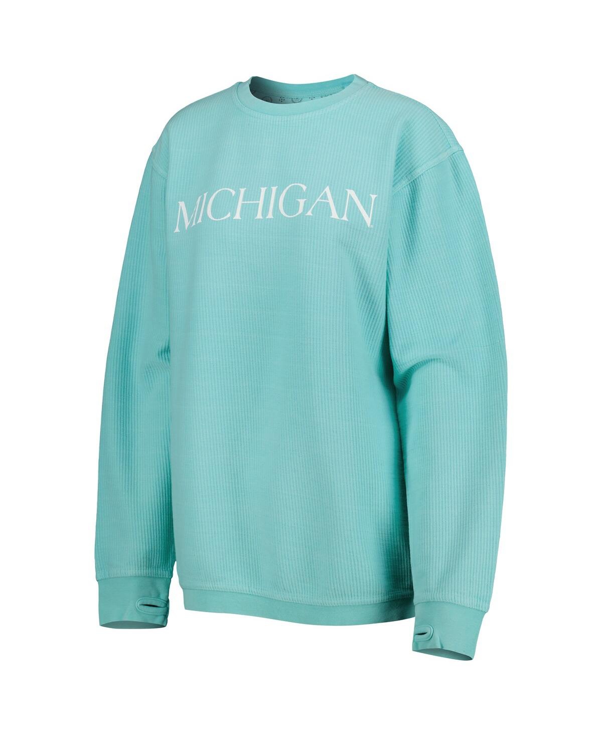 PRESSBOX WOMEN'S PRESSBOX MINT DISTRESSED MICHIGAN WOLVERINES COMFY CORD BAR PRINT PULLOVER SWEATSHIRT 