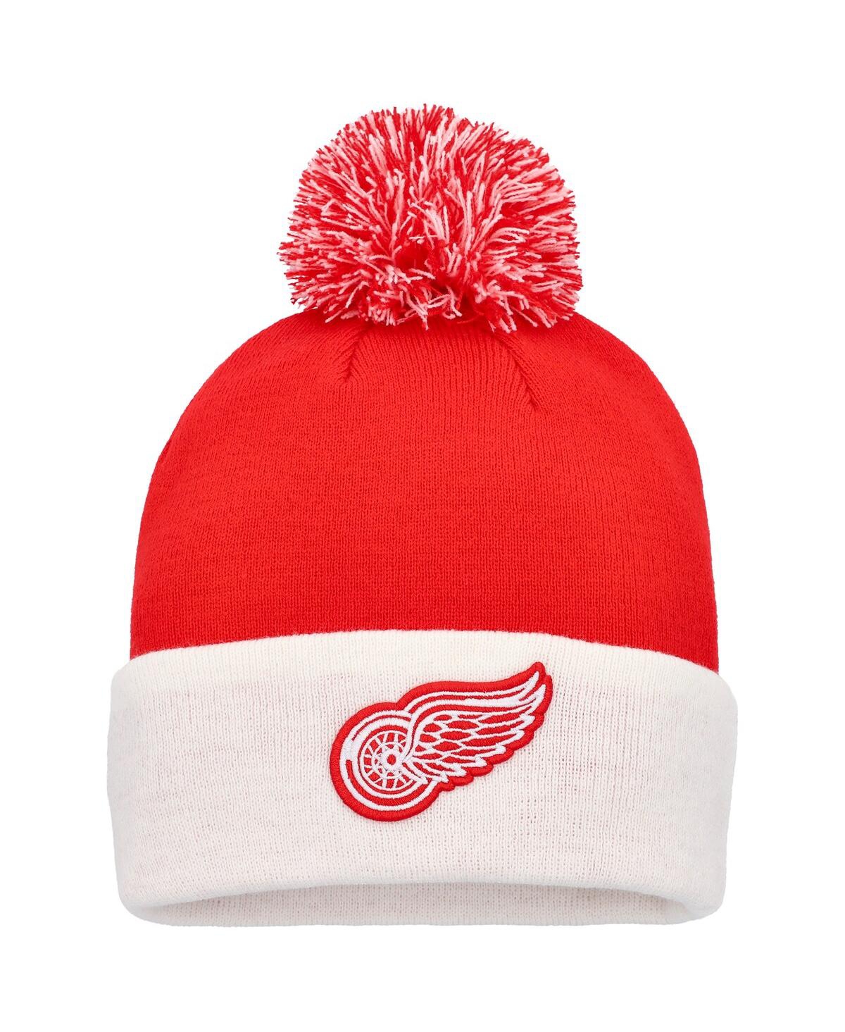 Shop Adidas Originals Men's Adidas Red Detroit Red Wings Team Stripe Cuffed Knit Hat With Pom