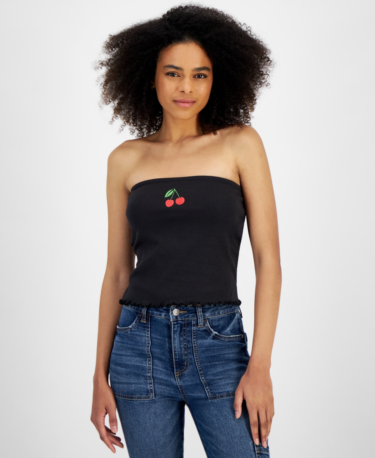 Shop Rebellious One Juniors' Cherry Graphic Ribbed Tube Top In Black