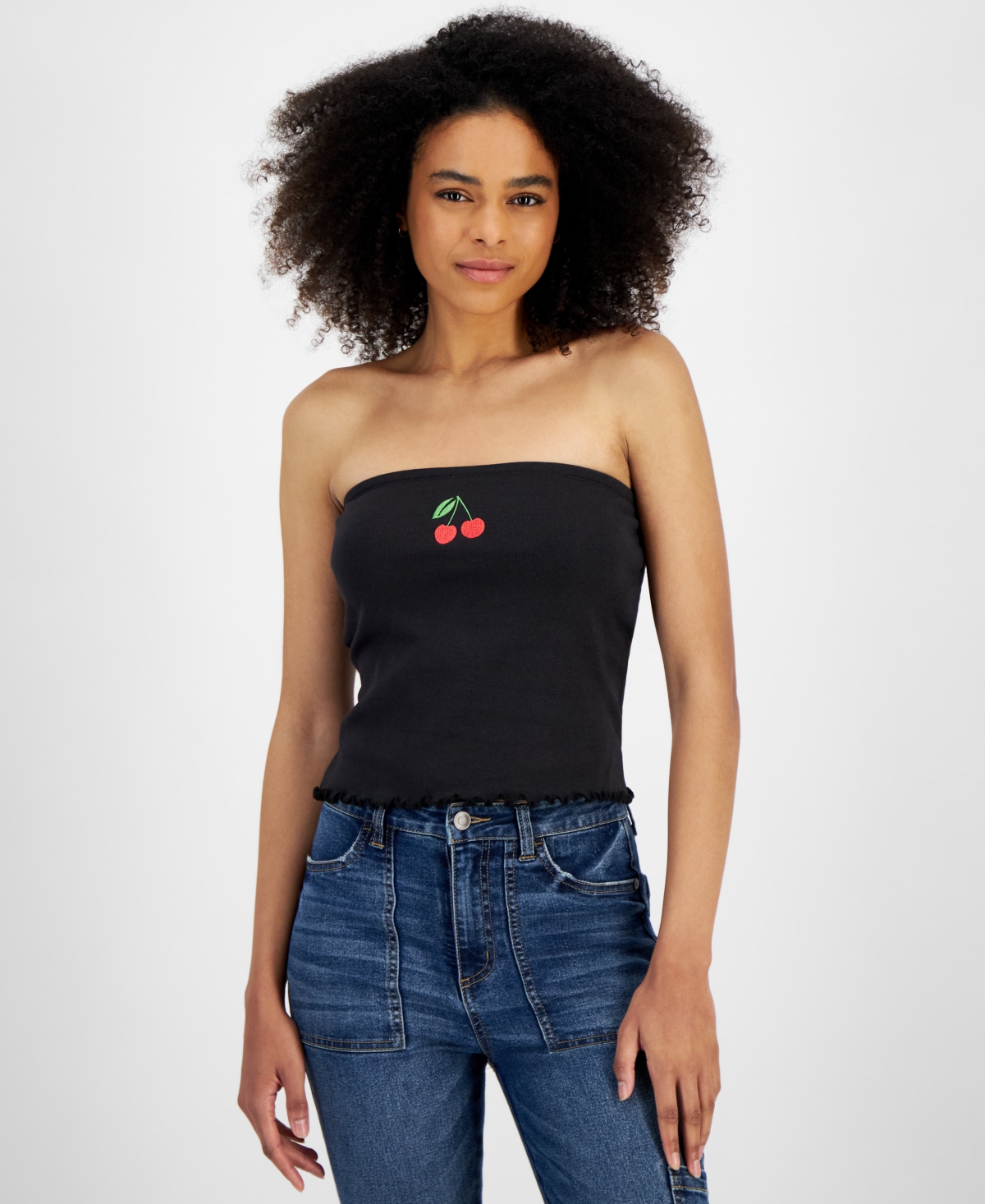 Juniors' Cherry Graphic Ribbed Tube Top - Black