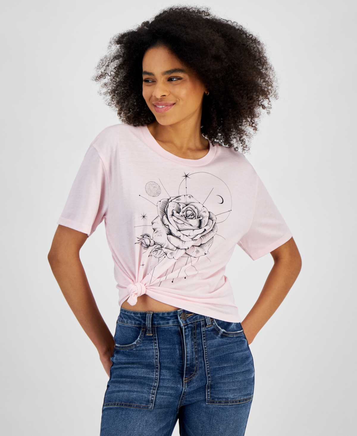 Juniors' Rose Graphic Crewneck T-Shirt - Cloud Pink