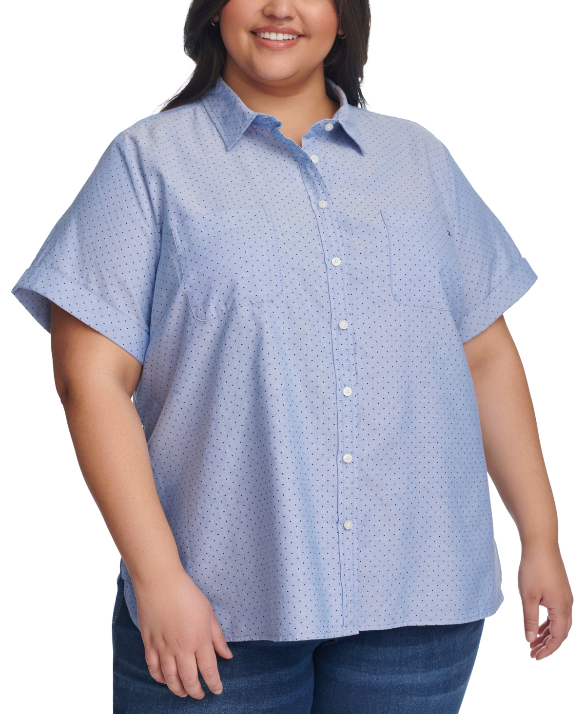 Tommy Hilfiger Plus Size Cotton Pin-dot Camp Shirt In Blueberry Multi
