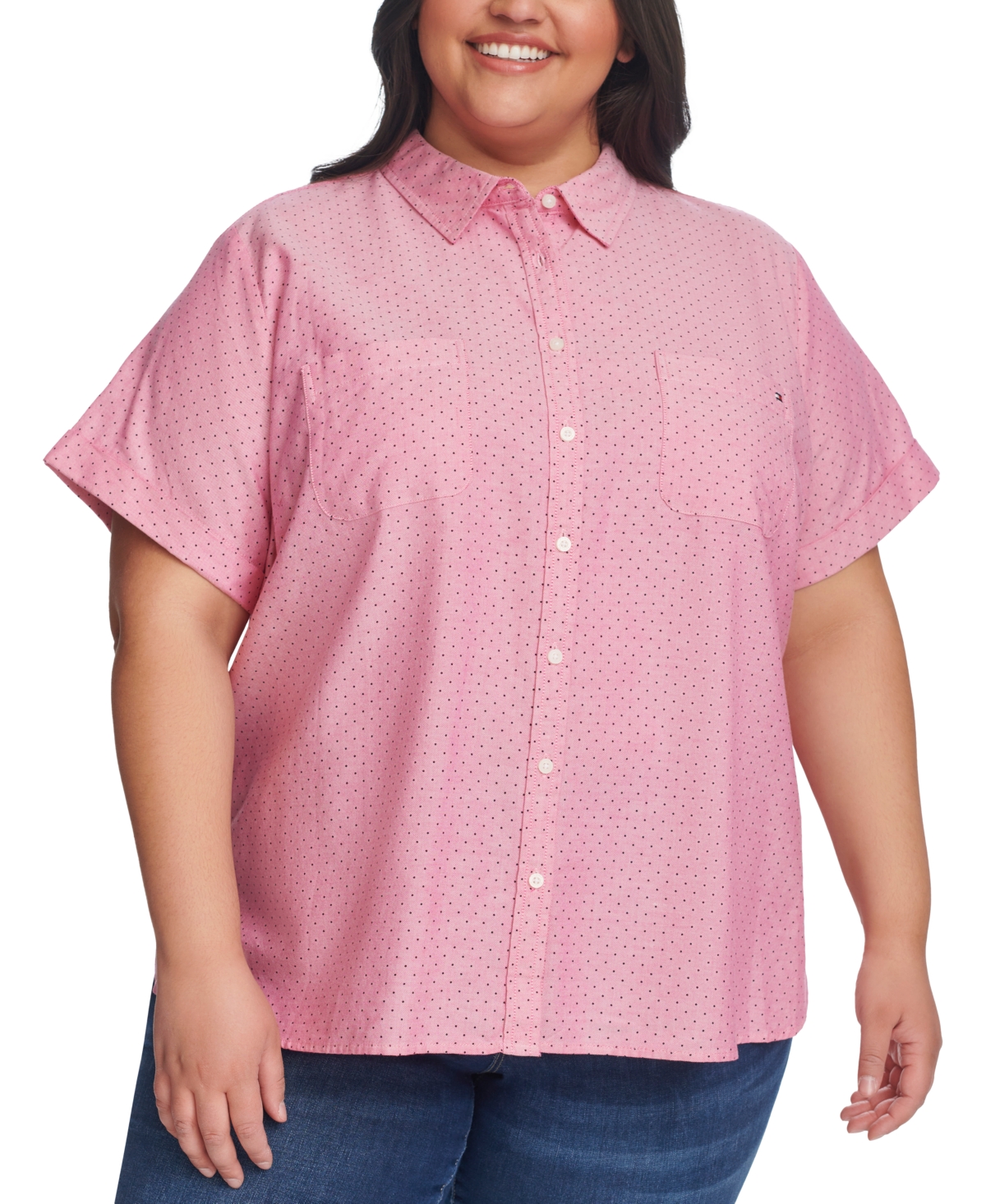 Plus Size Cotton Pin-Dot Camp Shirt - Hibiscus Multi