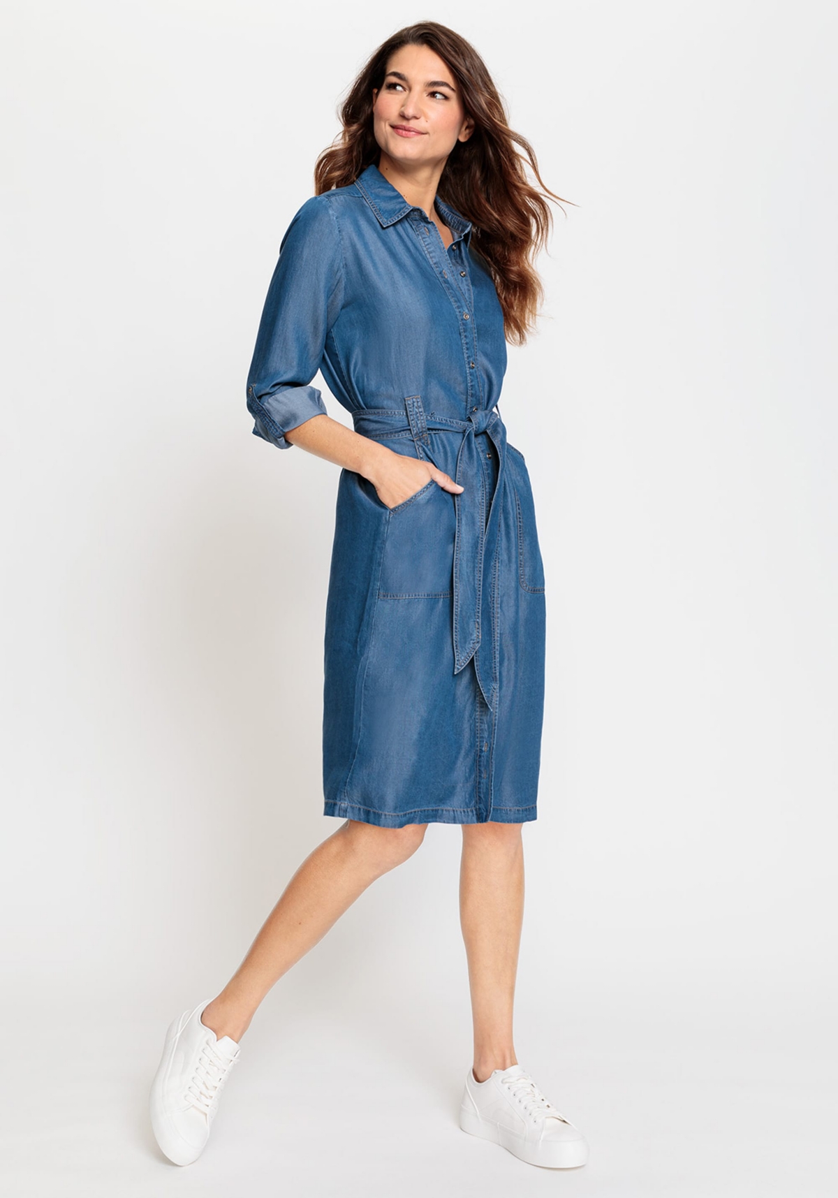 Women's Denim Shirt Dress with Belt & Roll Tab Sleeve Detail - Blue denim