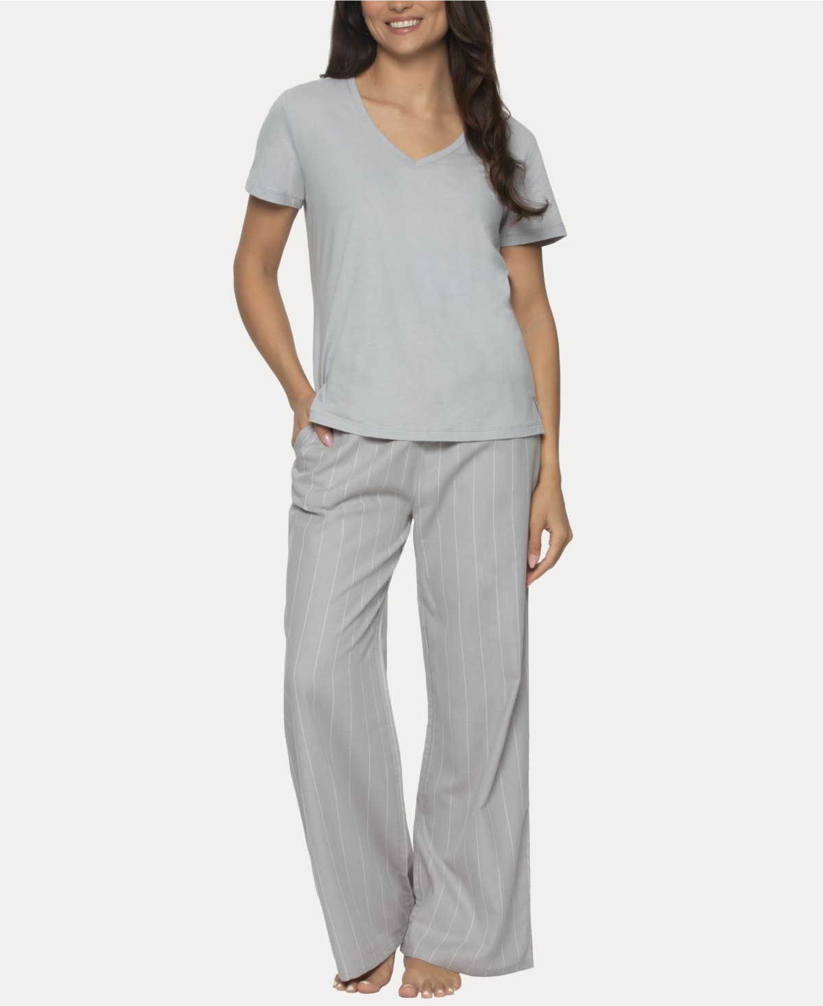 Women's Mirielle 2 Pc. Short Sleeve Pajama Set - Silver Sconce with White Pinstripe
