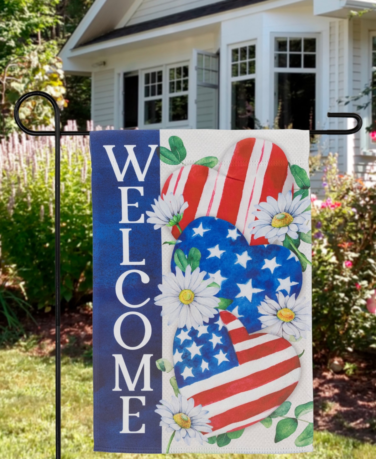 Northlight Stars And Stripes Hearts "welcome" Americana Outdoor Garden Flag, 18" X 12.5" In Blue