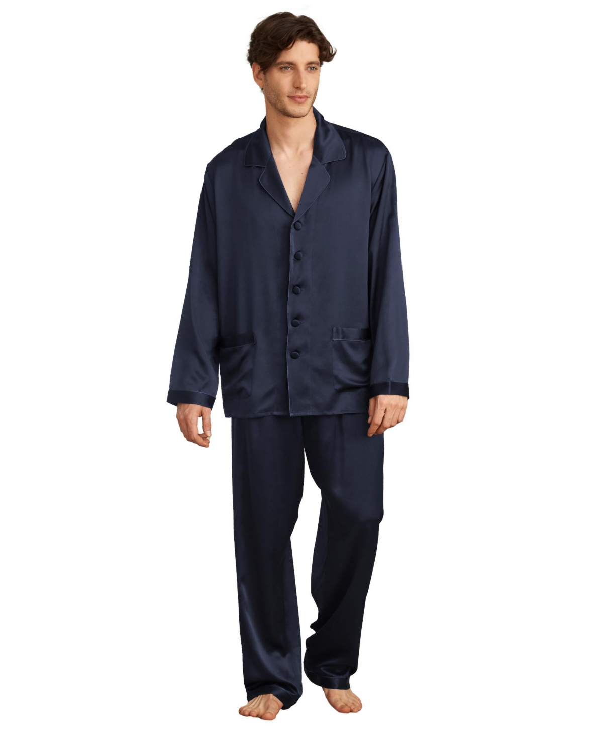 22 Momme Long Silk Pajamas Set for Men - Navy blue