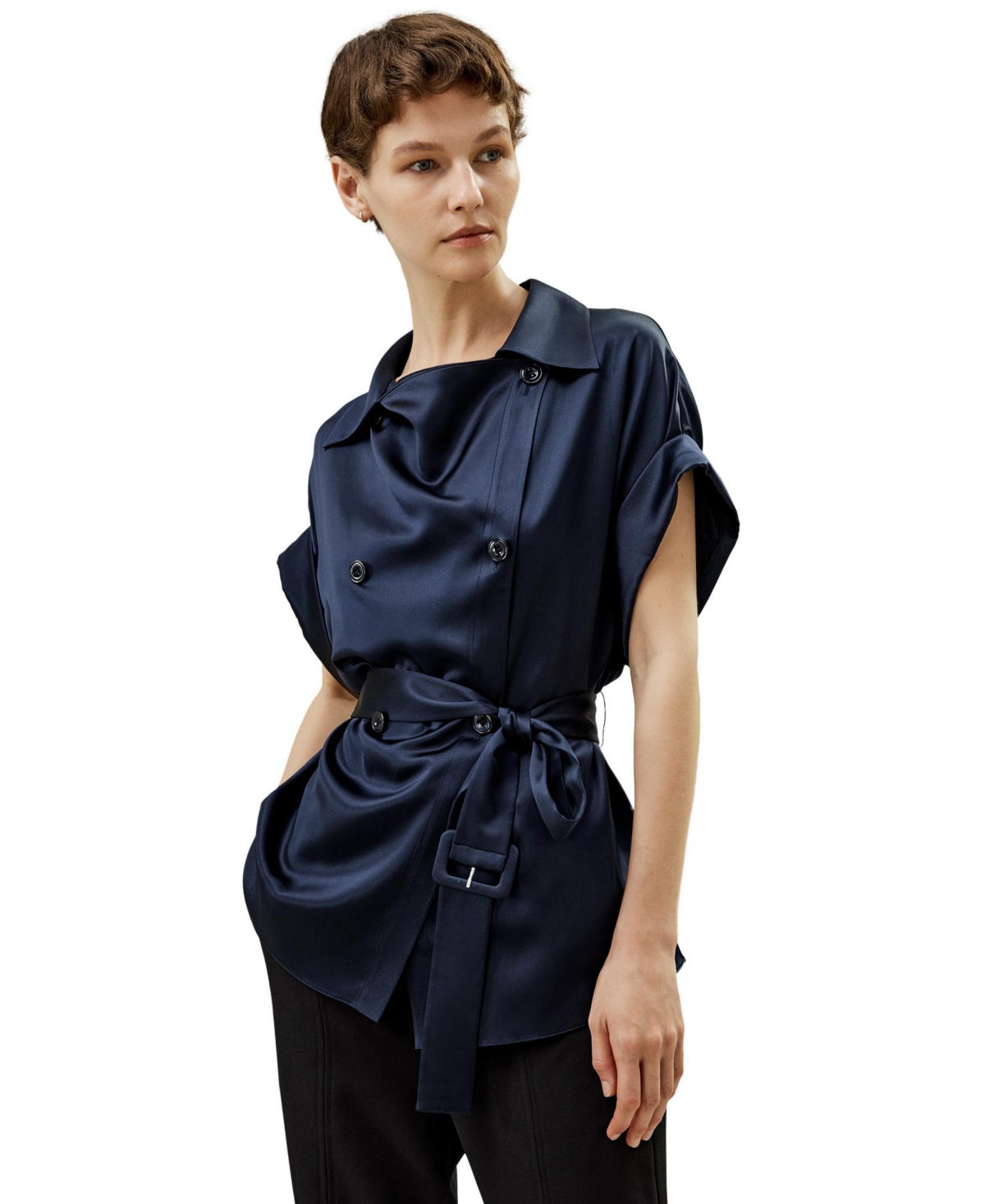 Roll-up Short Sleeves Top with Waist Belt for Women - Navy blue