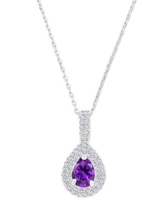 Amethyst (5/8 ct. t.w.) & Lab-Grown White Sapphire (1/2 ct. t.w.) Teardrop Halo Birthstone Pendant Necklace in Sterling Silver, 16" + 2" extender