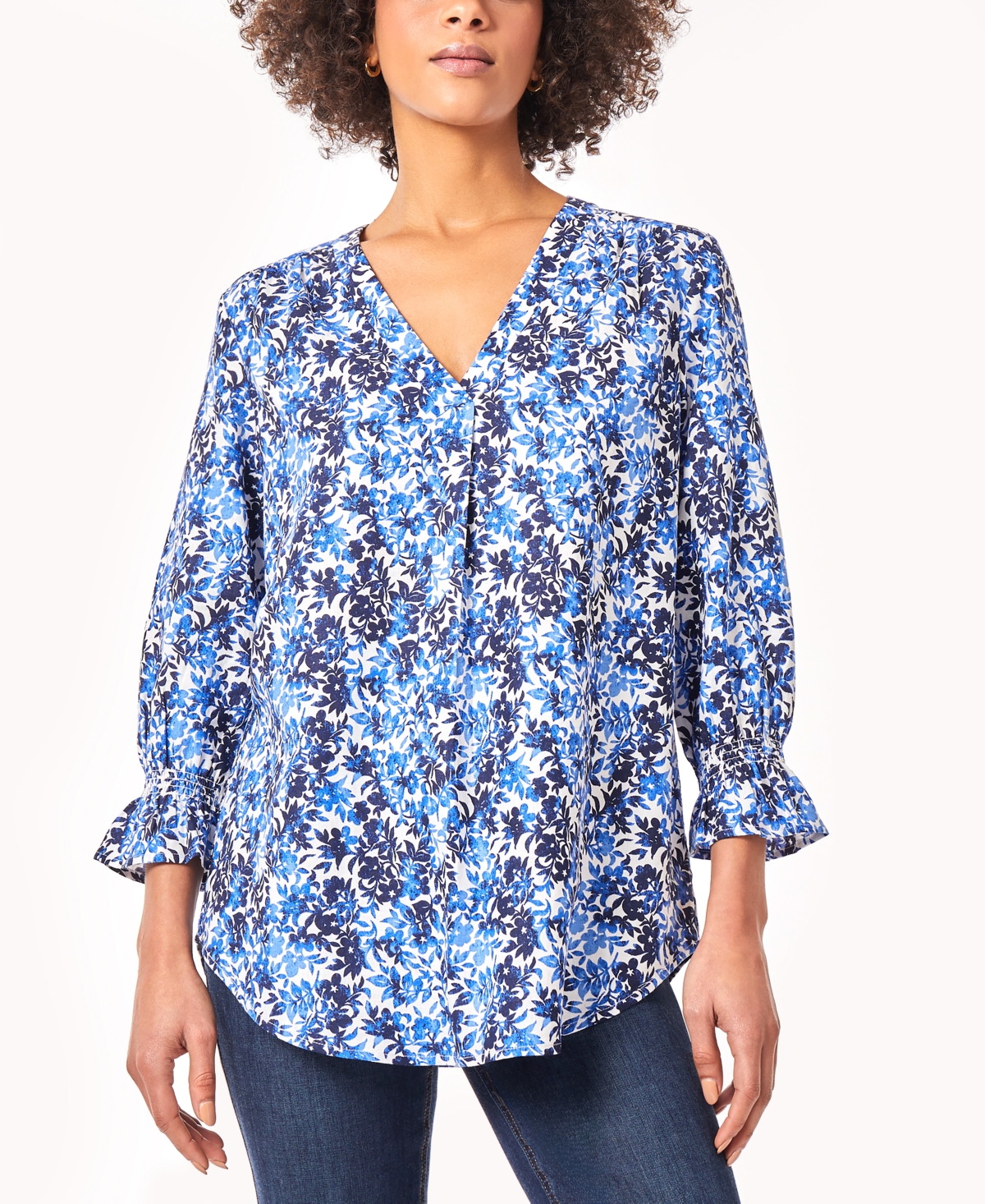 Women's Floral-Print Smocked-Cuff Pleat-Front Top - NYC White/Blue Horizon