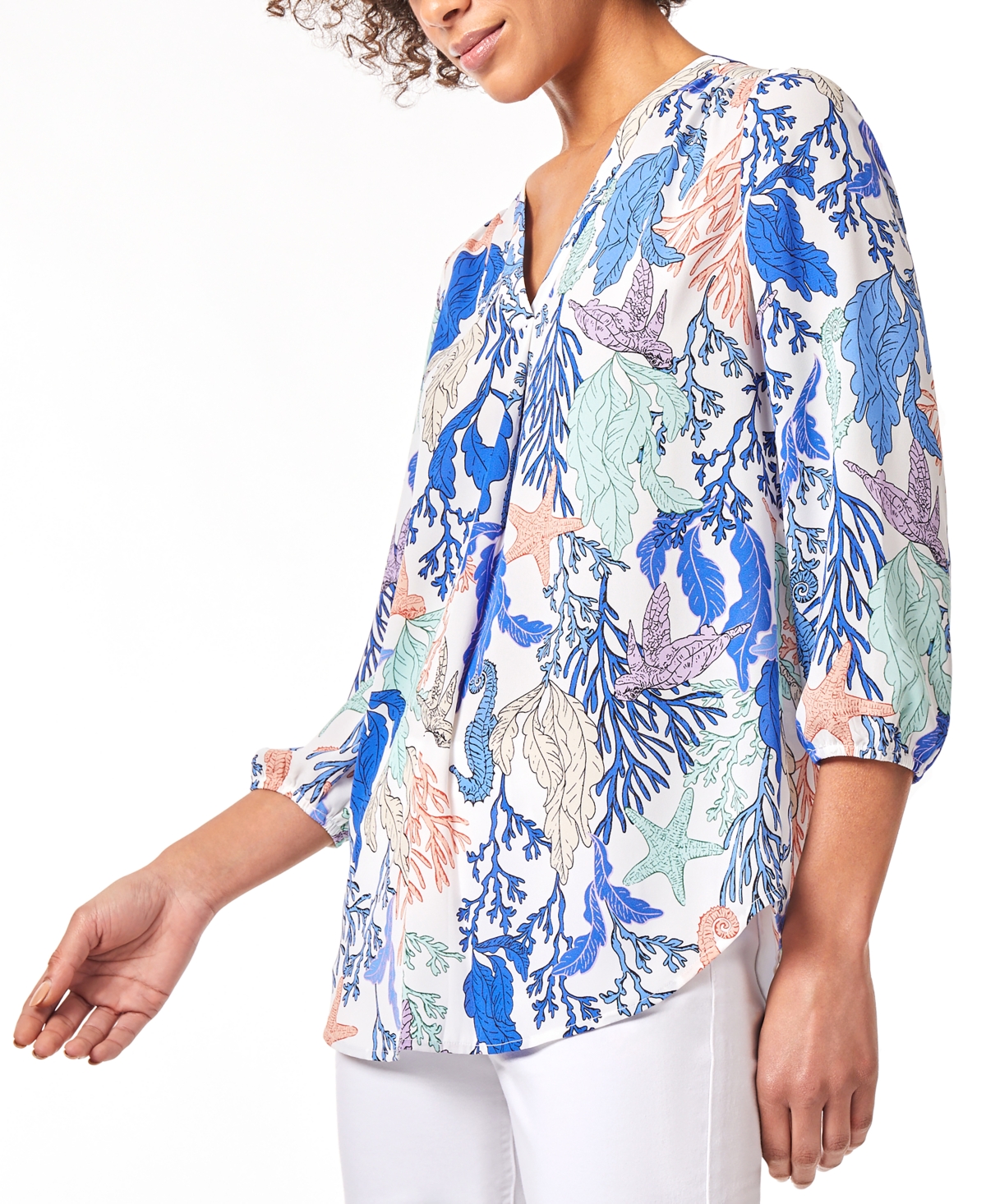 Shop Jones New York Women's Printed Pleat-neck 3/4-sleeve Top In Nyc White,light Sapphire