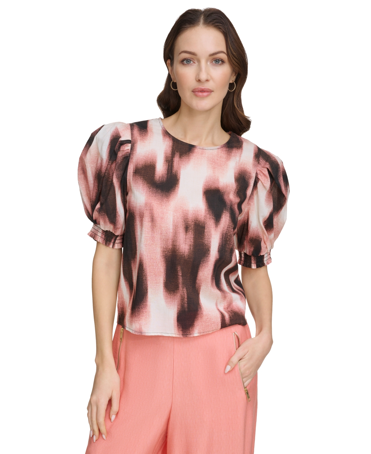 Shop Dkny Women's Voile Printed Puff-shoulder Woven Crewneck Top In Abtrct Dot
