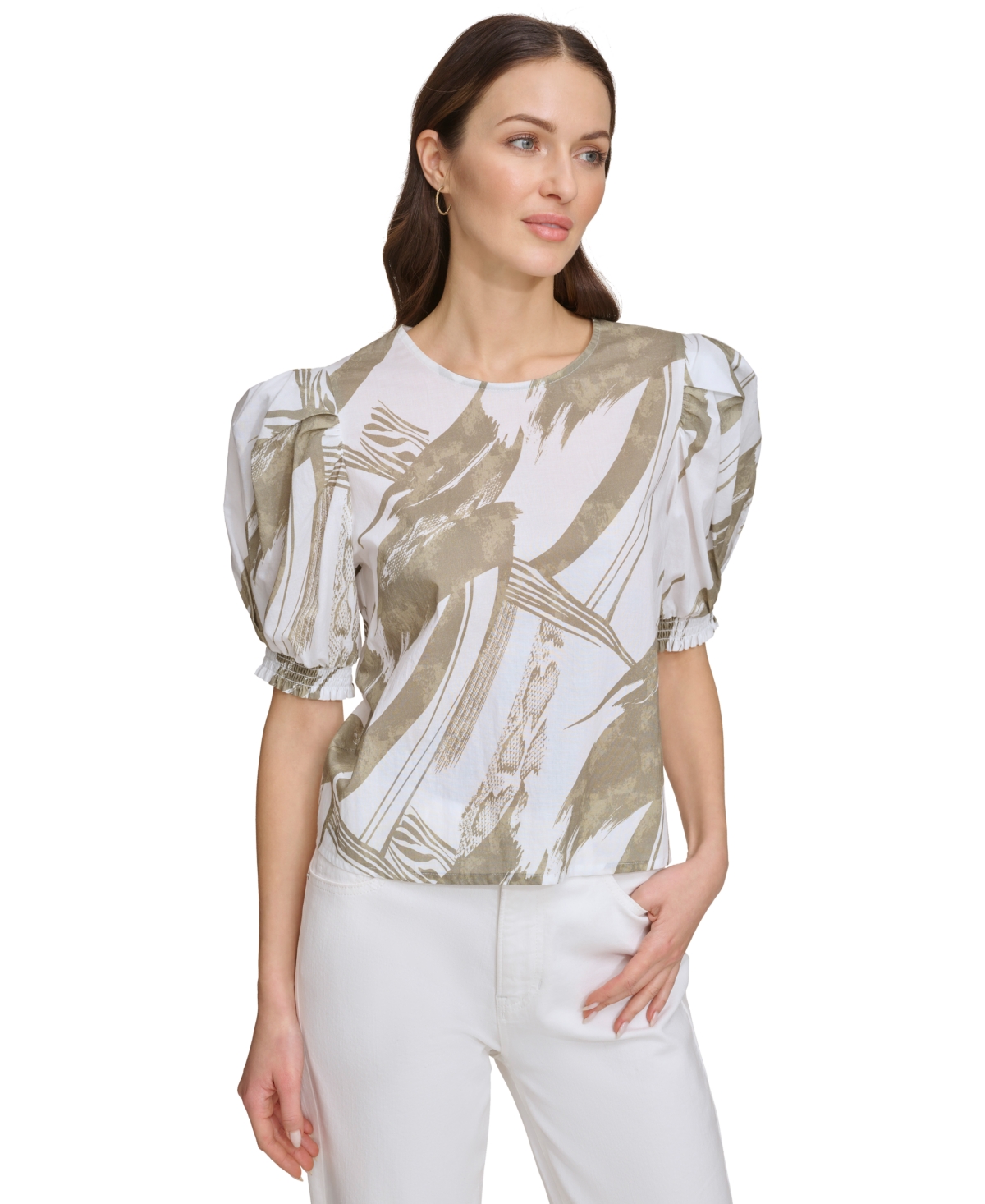 Dkny Women's Voile Printed Puff-shoulder Woven Crewneck Top In Neutral