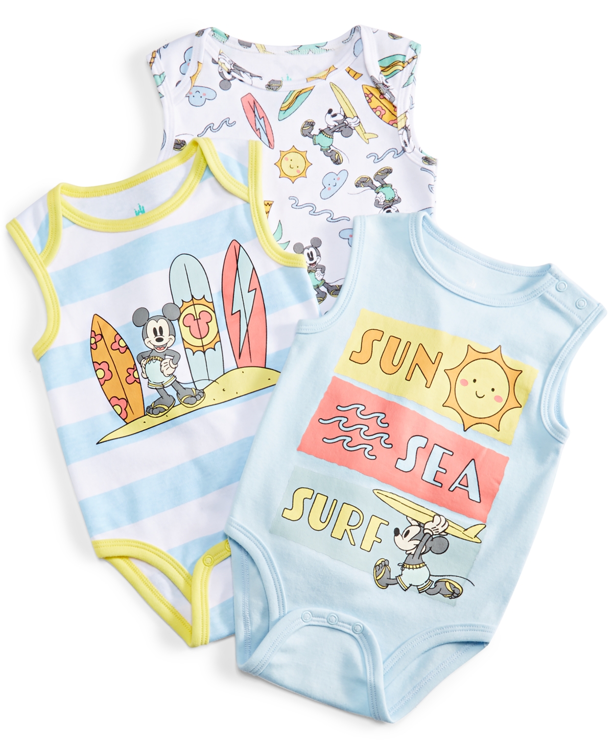 Shop Disney Baby Mickey Mouse Surf Bodysuits, Pack Of 3 In Blue Multi