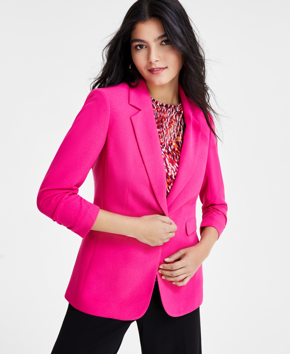 Women's Ruched 3/4-Sleeve One-Button Blazer, Created for Macy's - Black