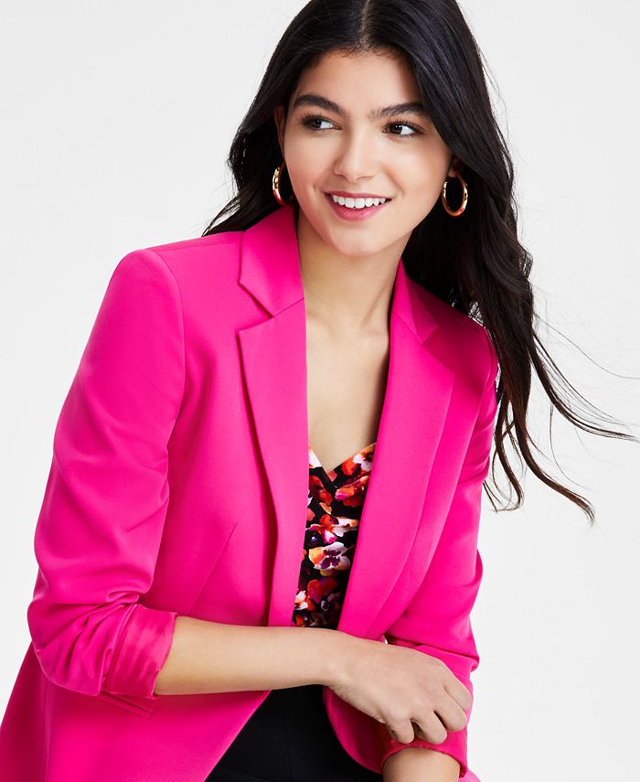 Women's Maroon Notched Lapel Collar Cotton Open Front Blazer main image 0