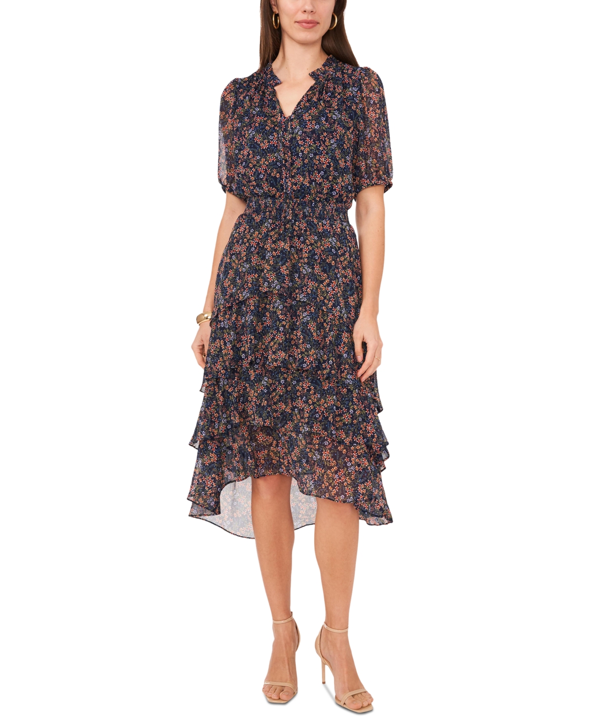 Women's Printed Puff-Sleeve Tiered Dress - Classic Navy