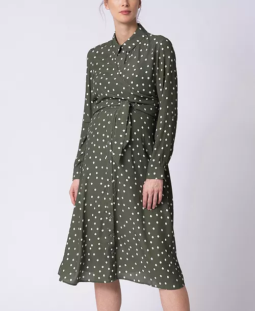 women's khaki polka dot maternity and nursing shirt dress