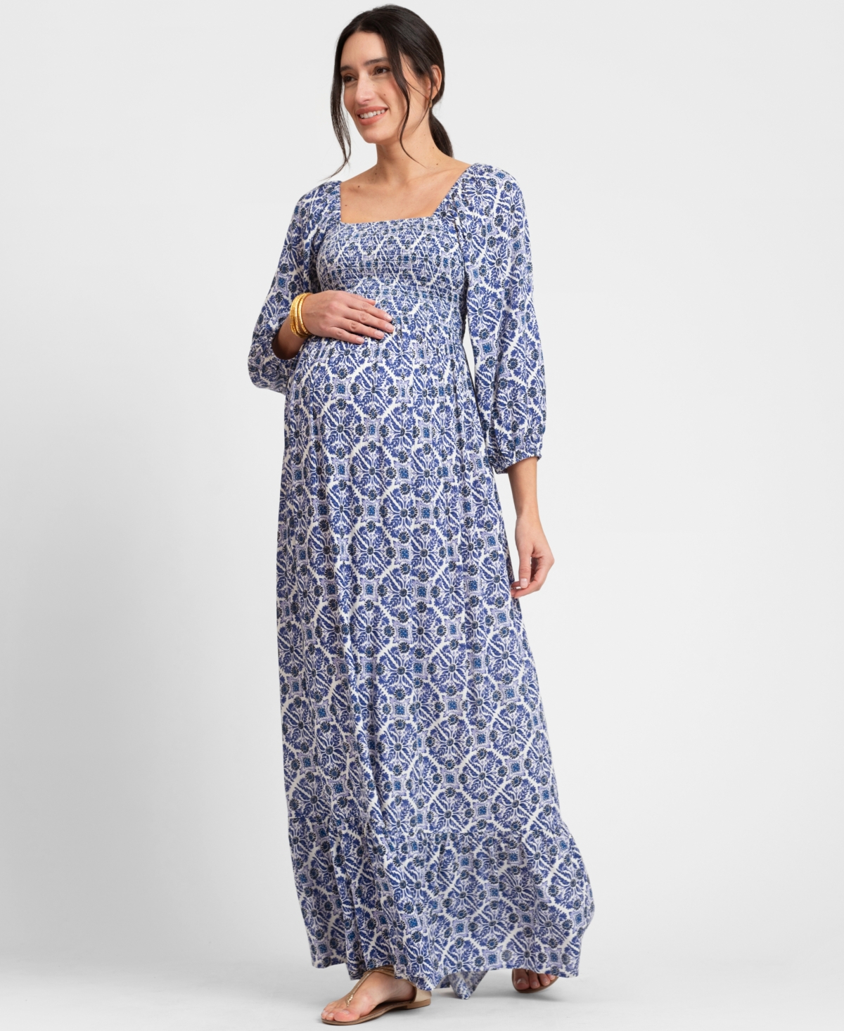Seraphine Women's Maternity Crepe Shirred Bodice Maxi Dress In Blue Print