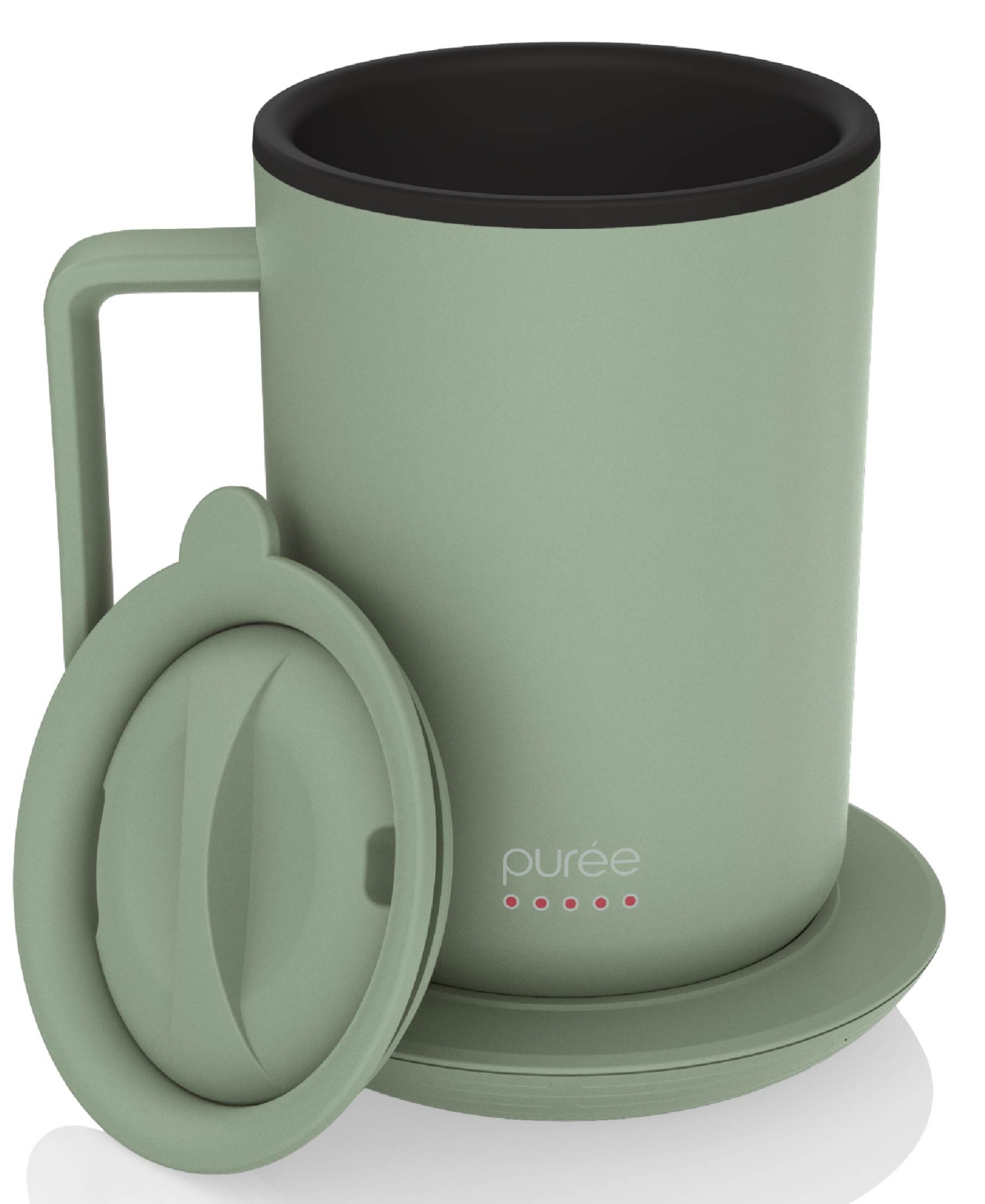 Tzumi Puree Warming Coffee Mug, 12 Oz. Stainless Steel Coffee Mug With Mug Warmer Coaster And Lid In Sage